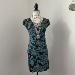 Vtg Affinites Armand Thiery Brown Teal Paisley V Neck Cap Sleeve Ruched Dress 36